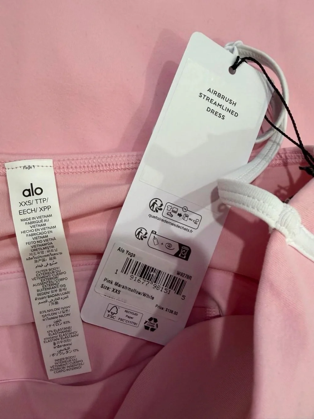 ALO Airbrush Streamlined Mini Dress in Pink Marshmallow with Contrast White Trim